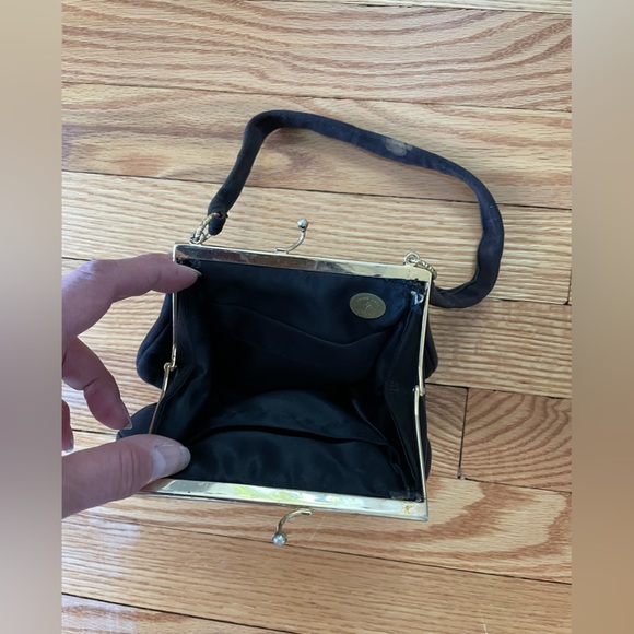 Vintage Leather School Florence Black Suede Evening Clutch lined w Tiny Pearls - Picture 5 of 9